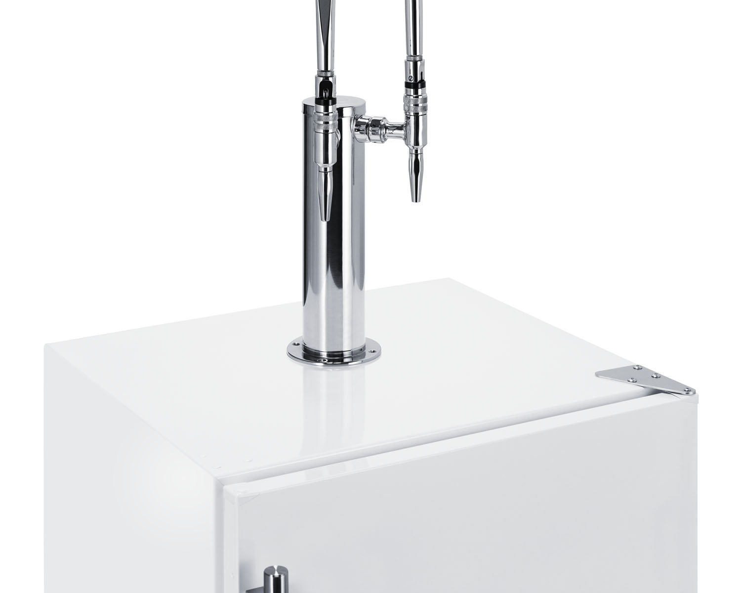 Built-in undercounter ADA height commercially listed dual tap nitro coffee dispenser in white with stainless steel handle